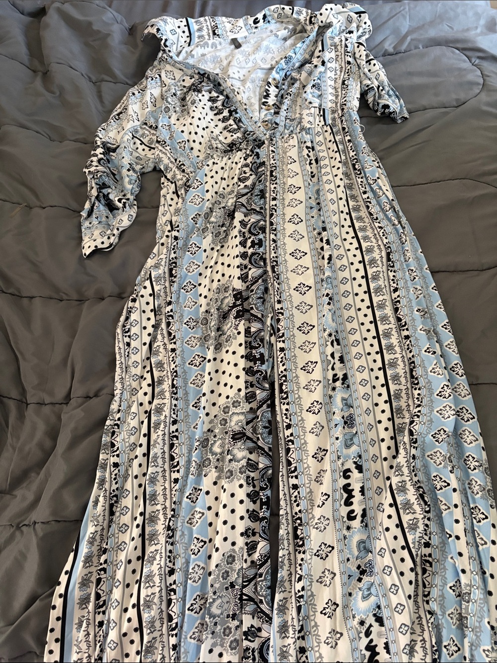 Striped Paisley Maxi Dress in Light Blue and White